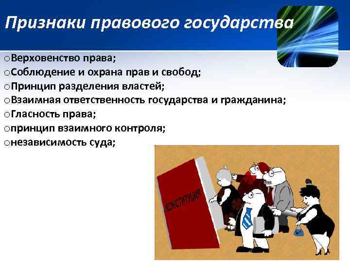 Признаки правового государства o. Верховенство права; o. Соблюдение и охрана прав и свобод; o.