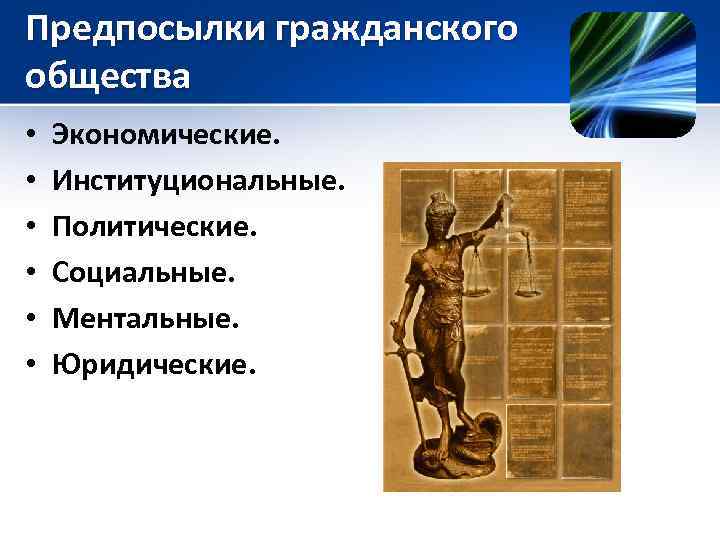 Предпосылки гражданского общества • • • Экономические. Институциональные. Политические. Социальные. Ментальные. Юридические. 