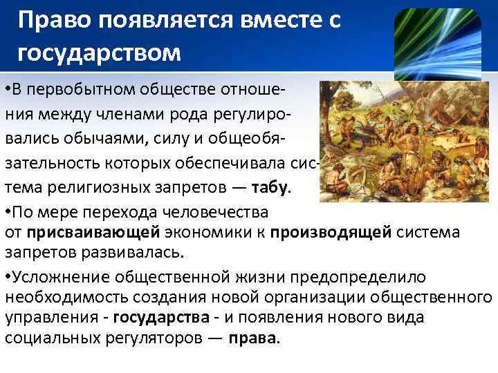 Право появляется вместе с государством • В первобытном обществе отношения между членами рода регулировались