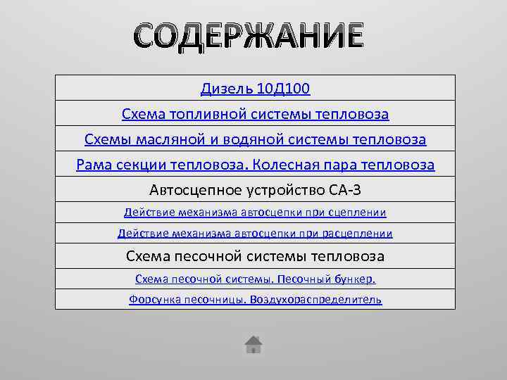 СОДЕРЖАНИЕ Дизель 10 Д 100 Схема топливной системы тепловоза Схемы масляной и водяной системы