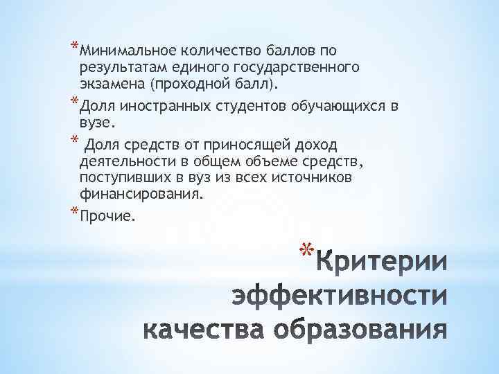 *Минимальное количество баллов по результатам единого государственного экзамена (проходной балл). *Доля иностранных студентов обучающихся