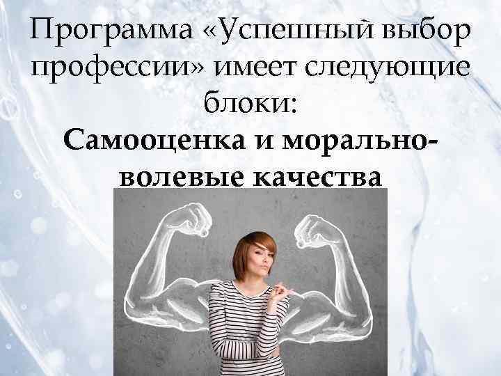 Программа «Успешный выбор профессии» имеет следующие блоки: Самооценка и моральноволевые качества 