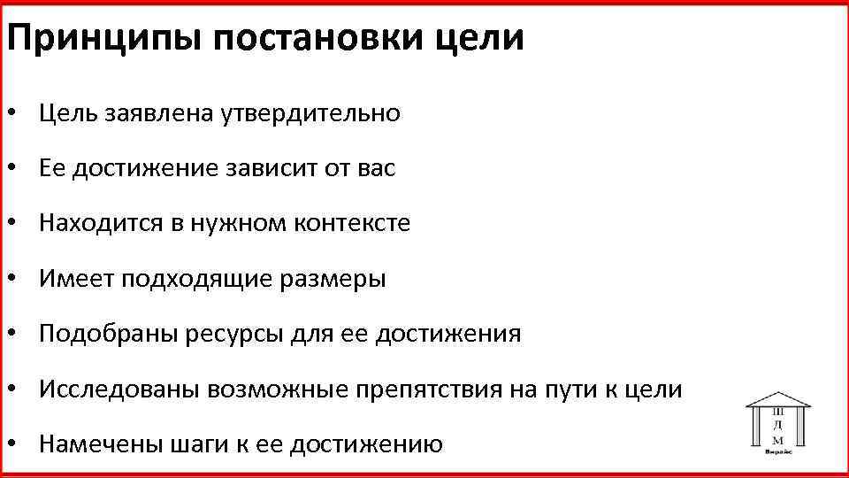 Принципы постановки цели • Цель заявлена утвердительно • Ее достижение зависит от вас •