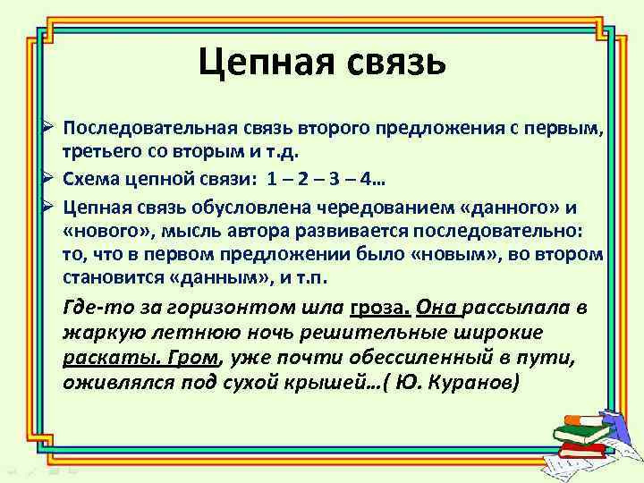 Цепная связь Ø Последовательная связь второго предложения с первым, третьего со вторым и т.