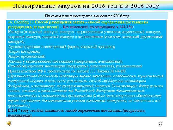 Планирование закупок на 2016 год и в 2016 году План график размещения заказов на