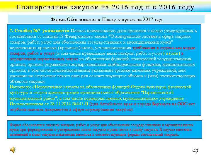 Планирование закупок на 2016 год и в 2016 году Форма Обоснования к Плану закупок