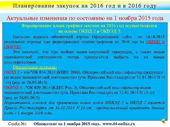 Планирование закупок на 2016 год и в 2016 году Актуальные изменения по состоянию на