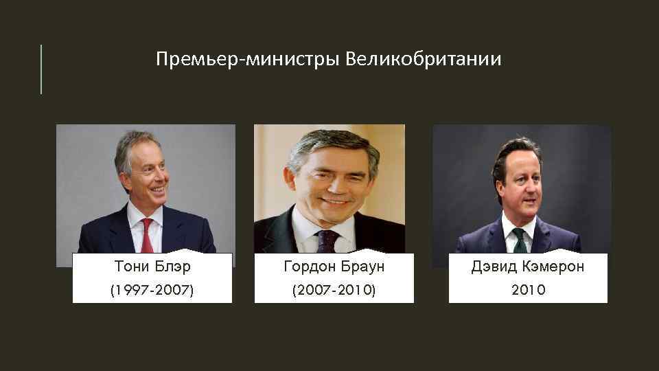 Премьер министры Великобритании Тони Блэр (1997 -2007) Гордон Браун (2007 -2010) Дэвид Кэмерон 2010