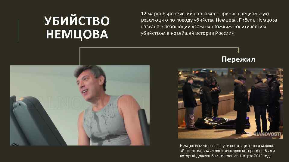 УБИЙСТВО НЕМЦОВА 12 марта Европейский парламент принял специальную резолюцию по поводу убийства Немцова. Гибель