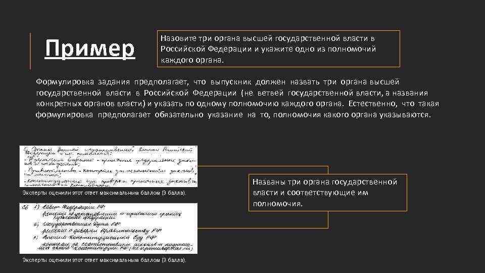 Пример Назовите три органа высшей государственной власти в Российской Федерации и укажите одно из