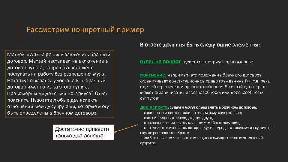 Рассмотрим конкретный пример В ответе должны быть следующие элементы: Матвей и Арина решили заключить