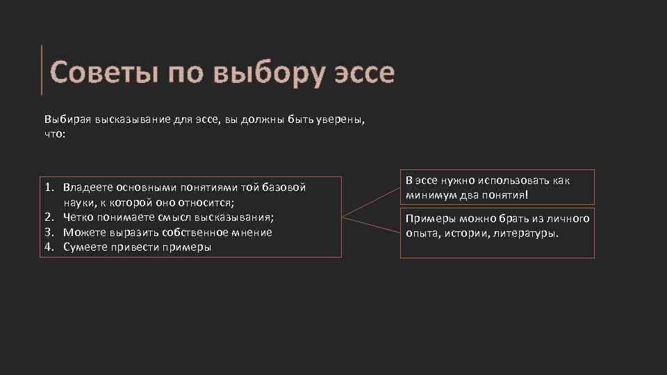 Выбирая высказывание для эссе, вы должны быть уверены, что: 1. Владеете основными понятиями той