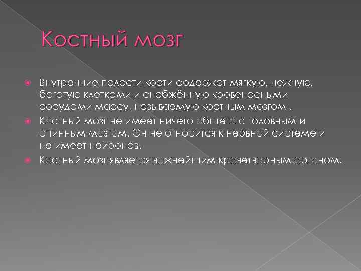 Костный мозг Внутренние полости кости содержат мягкую, нежную, богатую клетками и снабжённую кровеносными сосудами