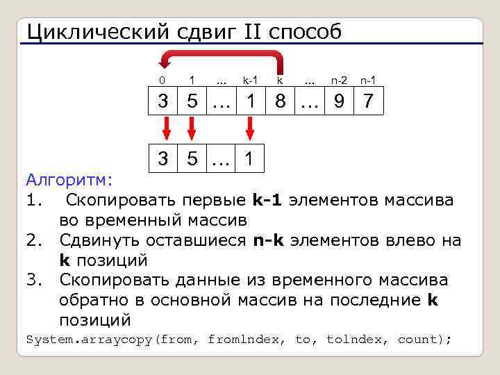 Циклический сдвиг II способ 0 1 … k-1 k … n-2 n-1 3 5