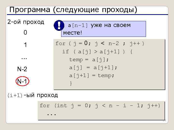 Программа (следующие проходы) 2 -ой проход 0 1 … N-2 N-1 ! a[n-1] уже