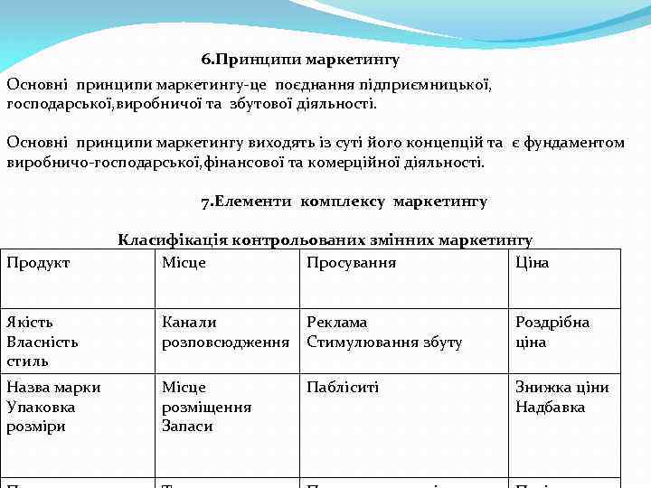 6. Принципи маркетингу Основні принципи маркетингу-це поєднання підприємницької, господарської, виробничої та збутової діяльності. Основні