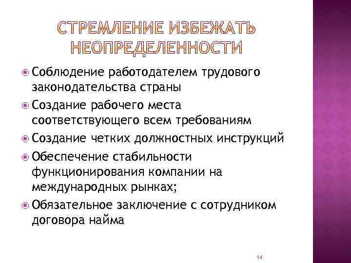  Соблюдение работодателем трудового законодательства страны Создание рабочего места соответствующего всем требованиям Создание четких