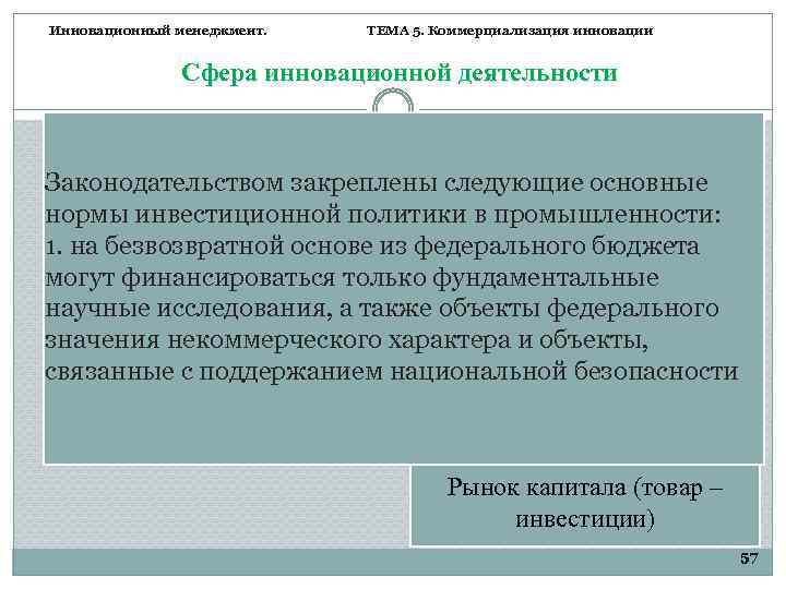 Инновационный менеджмент. ТЕМА 5. Коммерциализация инновации Сфера инновационной деятельности Законодательством закреплены следующие основные нормы