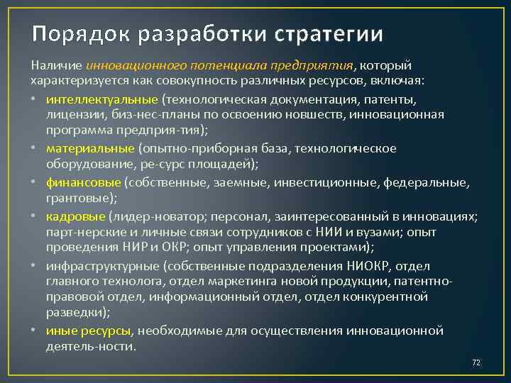 Порядок разработки стратегии Наличие инновационного потенциала предприятия, который характеризуется как совокупность различных ресурсов, включая:
