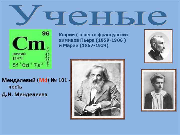 Кюрий ( в честь французских химиков Пьера (1859 -1906 ) и Марии (1867 -1934)