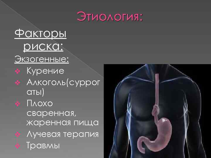 Этиология: Факторы риска: Экзогенные: v Курение v Алкоголь(суррог аты) v Плохо сваренная, жаренная пища