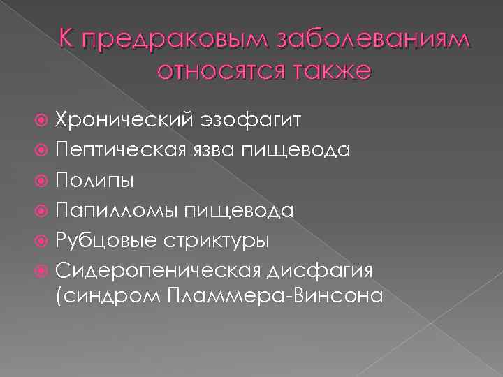 К предраковым заболеваниям относятся также Хронический эзофагит Пептическая язва пищевода Полипы Папилломы пищевода Рубцовые