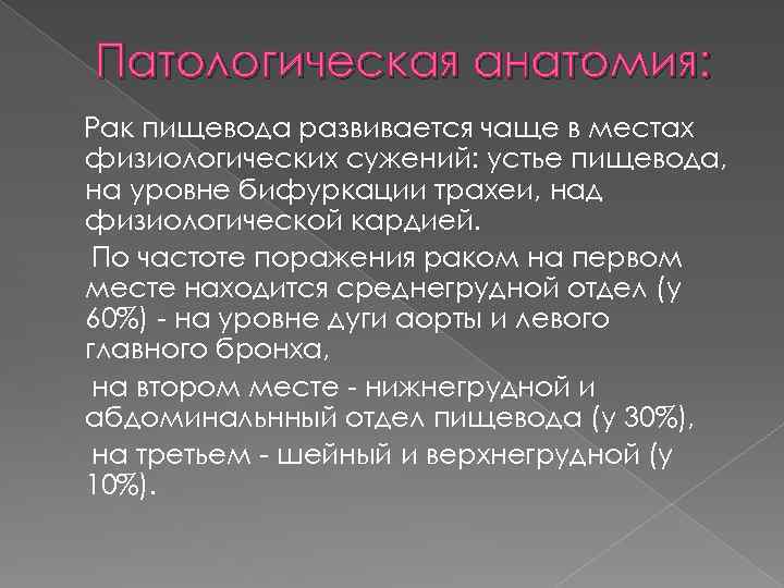 Патологическая анатомия: Рак пищевода развивается чаще в местах физиологических сужений: устье пищевода, на уровне