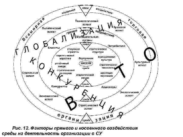 Рис. 12. Факторы прямого и косвенного воздействия среды на деятельность организации в СУ 