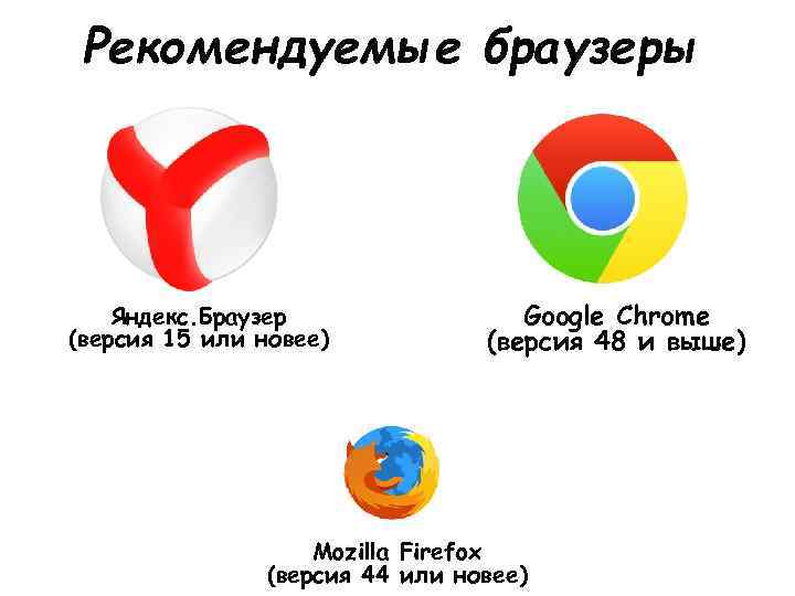 Рекомендуемые браузеры Яндекс. Браузер (версия 15 или новее) Google Chrome (версия 48 и выше)
