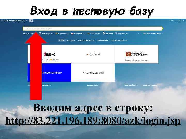 Вход в тестовую базу Вводим адрес в строку: http: //83. 221. 196. 189: 8080/azk/login.