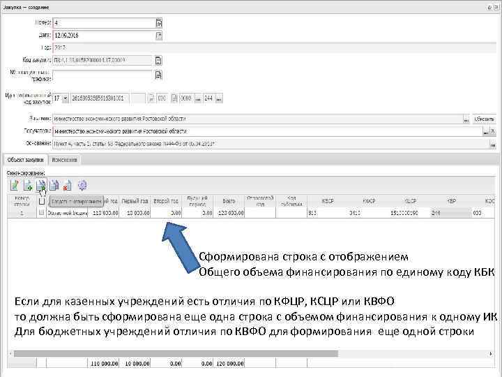 Сформирована строка с отображением Общего объема финансирования по единому коду КБК Если для казенных