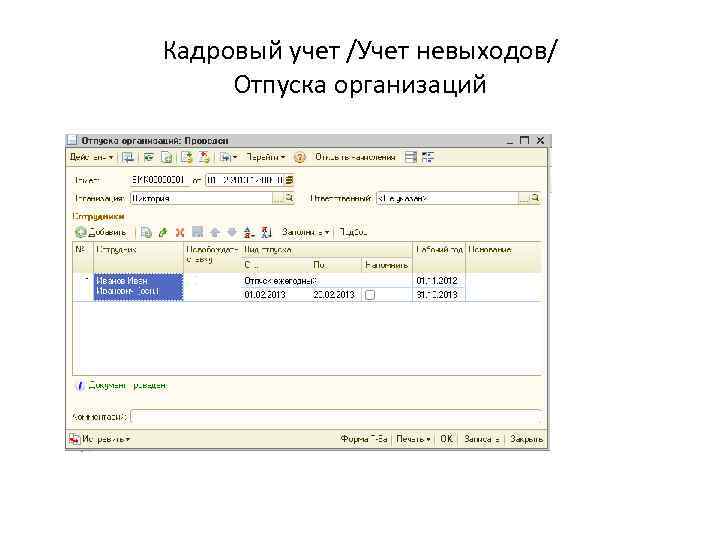Кадровый учет /Учет невыходов/ Отпуска организаций 