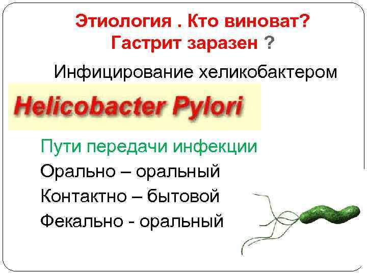 Этиология. Кто виноват? Гастрит заразен ? Инфицирование хеликобактером Пути передачи инфекции Орально – оральный