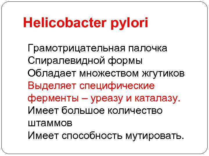 Helicobacter pylori Грамотрицательная палочка Спиралевидной формы Обладает множеством жгутиков Выделяет специфические ферменты – уреазу