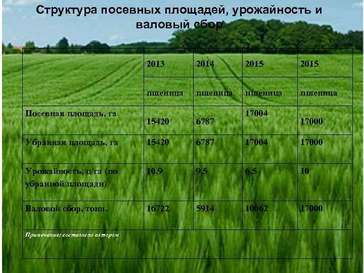 Структура посевных площадей, урожайность и валовый сбор 2013 2015 пшеница Посевная площадь, га 2014