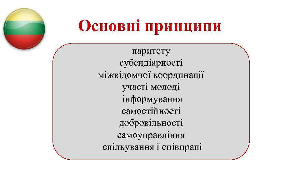 Основні принципи паритету субсидіарності міжвідомчої координації участі молоді інформування самостійності добровільності самоуправління спілкування і