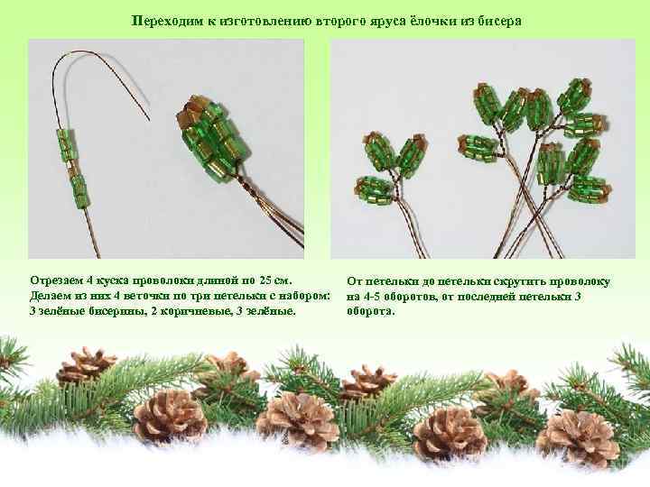 Переходим к изготовлению второго яруса ёлочки из бисера Отрезаем 4 куска проволоки длиной по