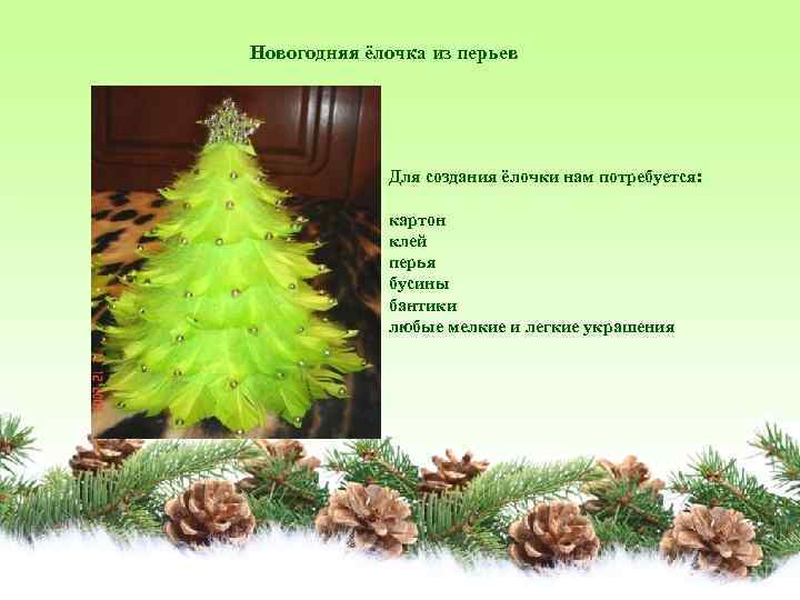 Новогодняя ёлочка из перьев Для создания ёлочки нам потребуется: картон клей перья бусины бантики