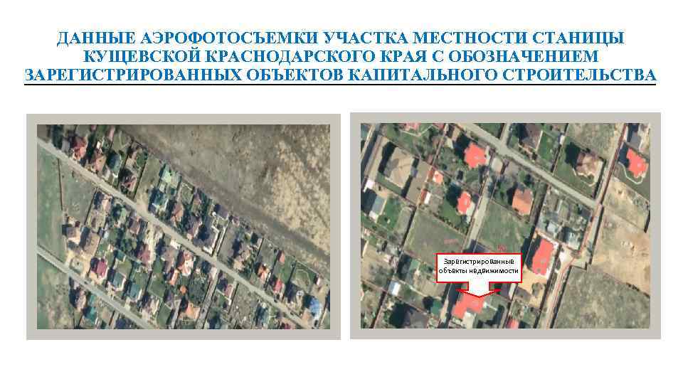 ДАННЫЕ АЭРОФОТОСЪЕМКИ УЧАСТКА МЕСТНОСТИ СТАНИЦЫ КУЩЕВСКОЙ КРАСНОДАРСКОГО КРАЯ С ОБОЗНАЧЕНИЕМ ЗАРЕГИСТРИРОВАННЫХ ОБЪЕКТОВ КАПИТАЛЬНОГО СТРОИТЕЛЬСТВА