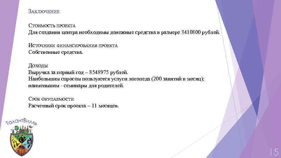 ЗАКЛЮЧЕНИЕ СТОИМОСТЬ ПРОЕКТА Для создания центра необходимы денежные средства в размере 3410800 рублей. ИСТОЧНИКИ
