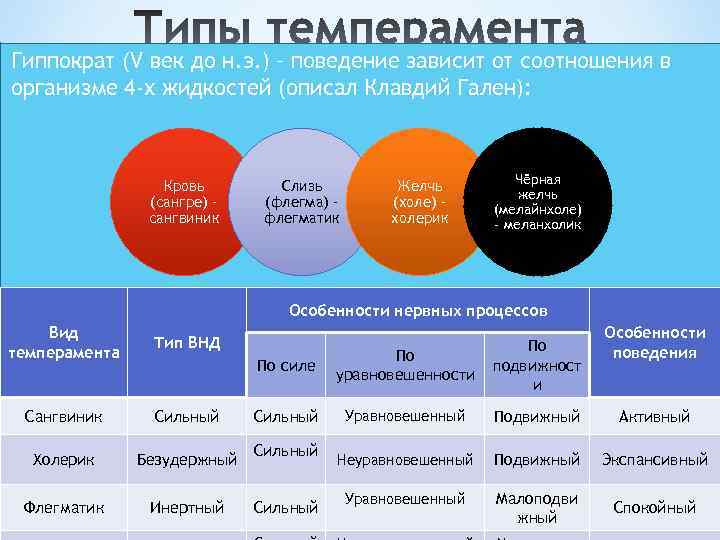 Гиппократ (V век до н. э. ) – поведение зависит от соотношения в организме