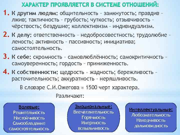 1. К другим людям: общительность – замкнутость; правдив – лжив; тактичность – грубость; чуткость;