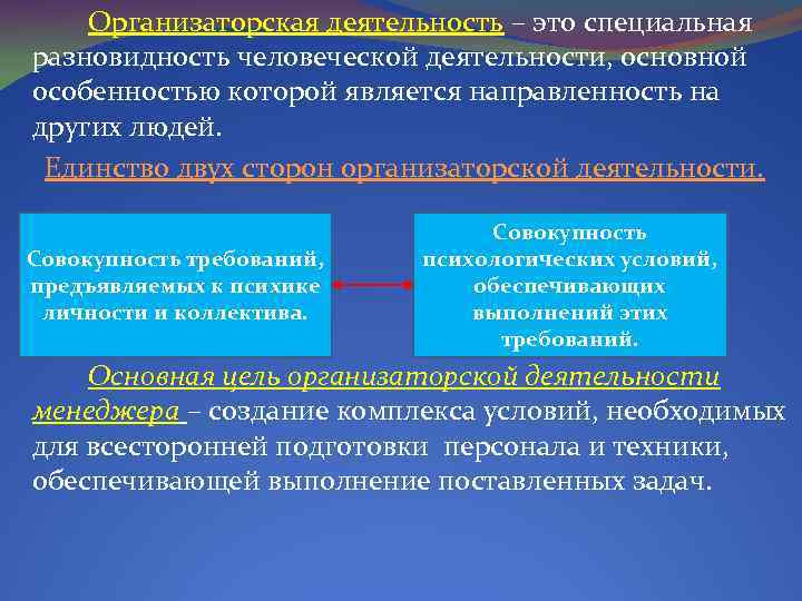 Организаторская деятельность – это специальная разновидность человеческой деятельности, основной особенностью которой является направленность на