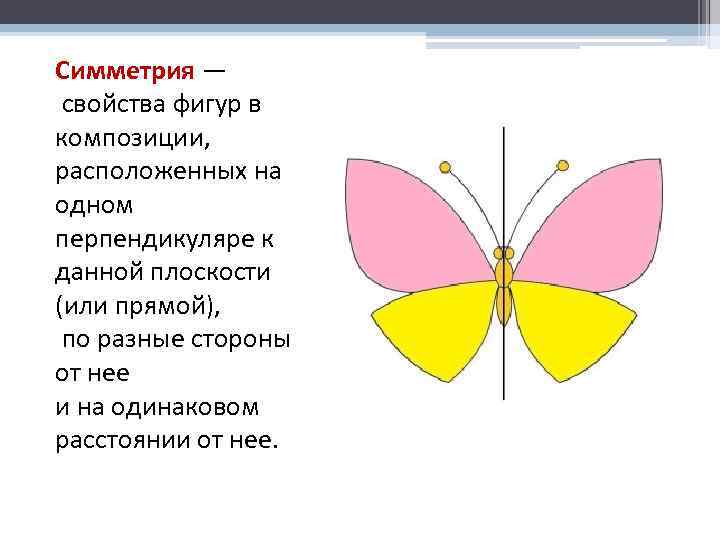 Симметрия — свойства фигур в композиции, расположенных на одном перпендикуляре к данной плоскости (или