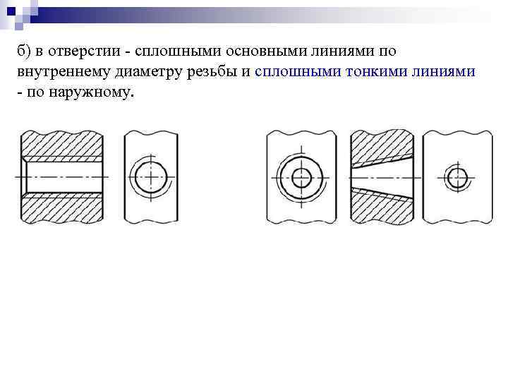 б) в отверстии - сплошными основными линиями по внутреннему диаметру резьбы и сплошными тонкими