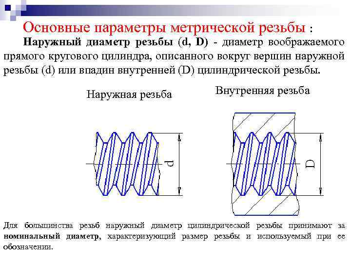 Основные параметры метрической резьбы : Наружный диаметр резьбы (d, D) - диаметр воображаемого прямого