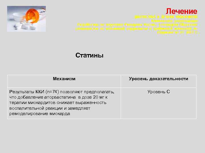 Лечение ДИАГНОСТИКА И ЛЕЧЕНИЕ МИОКАРДИТОВ Клинические рекомендации Разработаны по поручению Минздрава России, утверждены Обществом