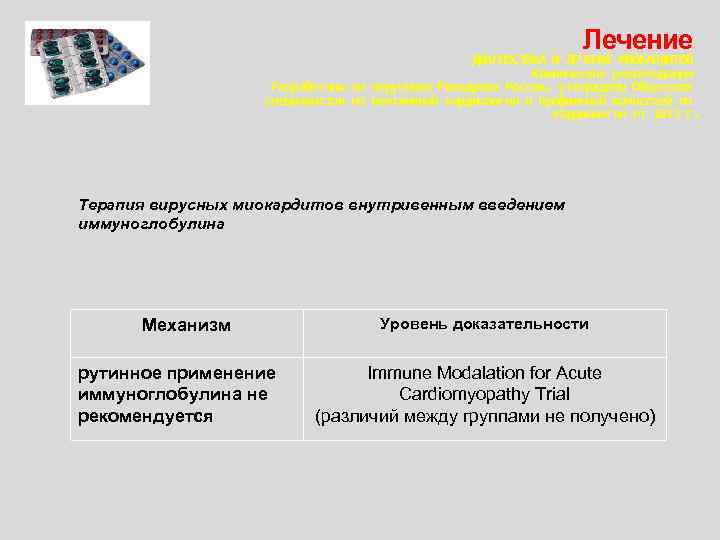 Лечение ДИАГНОСТИКА И ЛЕЧЕНИЕ МИОКАРДИТОВ Клинические рекомендации Разработаны по поручению Минздрава России, утверждены Обществом