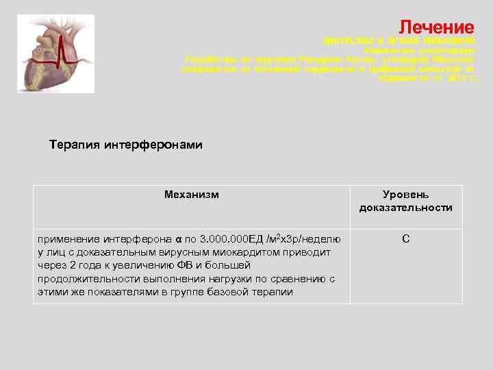 Лечение ДИАГНОСТИКА И ЛЕЧЕНИЕ МИОКАРДИТОВ Клинические рекомендации Разработаны по поручению Минздрава России, утверждены Обществом