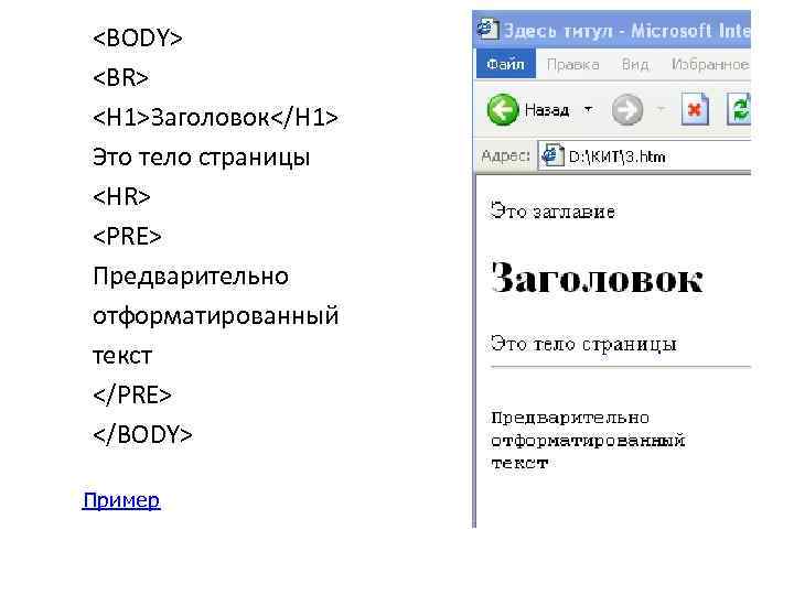 <BODY> <BR> <H 1>Заголовок</H 1> Это тело страницы <HR> <PRE> Предварительно отформатированный текст </PRE>